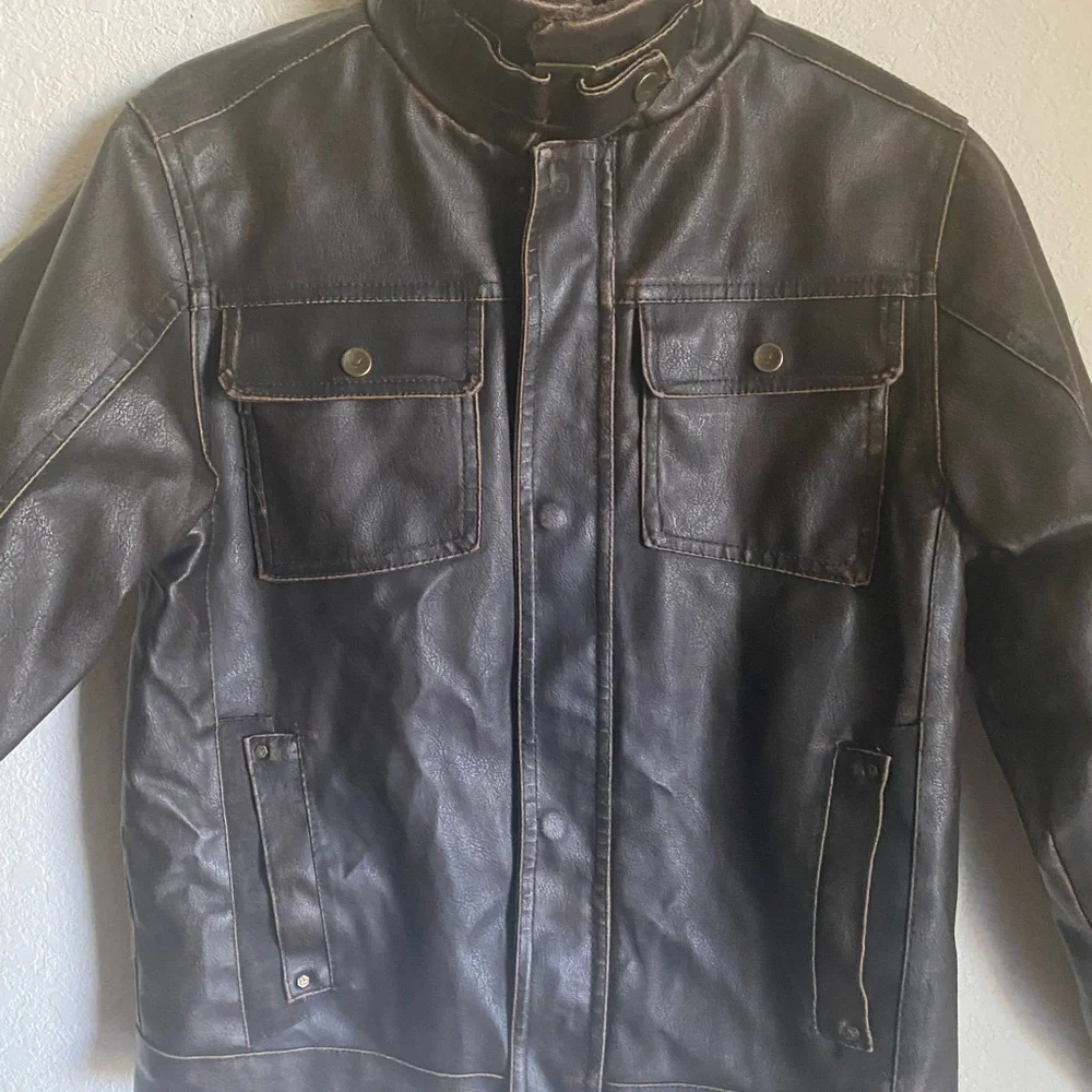 Hawke & Co Boys Brown Faux Leather Sherpa Collar Bomber Biker Moto Jacket 10/12